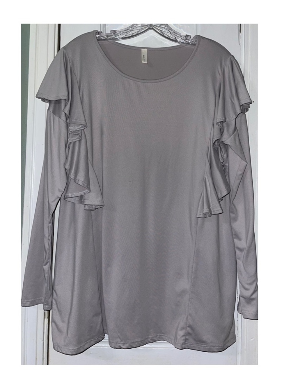 Ruffle Shoulder Long-Sleeve Tee - Gray